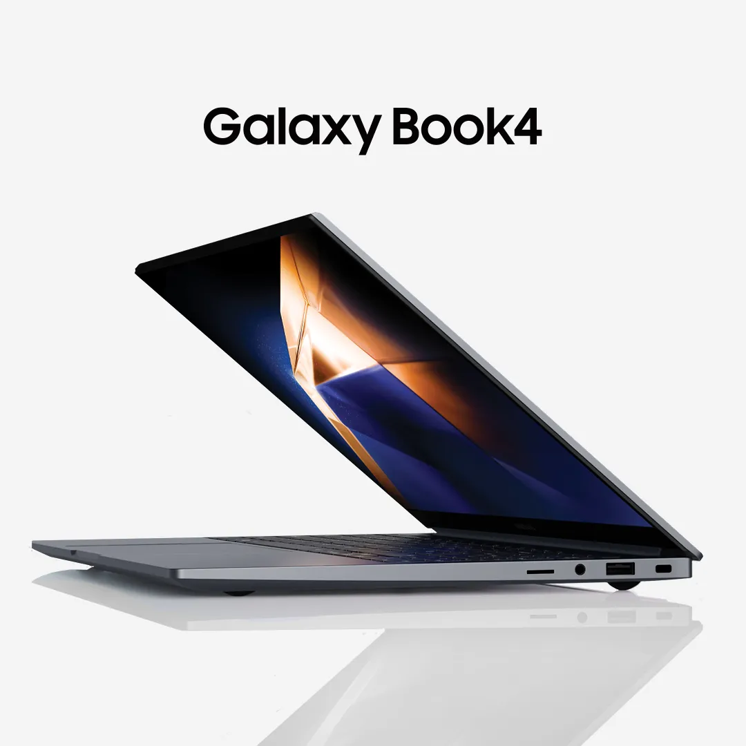 Side profile of a sleek Samsung Galaxy Book4 laptop with a slim metallic design and vibrant display.